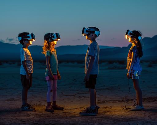 portrait of kids two boys and three girls with a virtual reality headset standing and talking with each other; they are communicatiung in a positive way and also moving quite a bit. in a dark desert landscape, in the style of dark teal and light yellow neon lights, philippe parreno, kodak vision3, industrial and technological subjects, low key dark lighting dark gray and amber, ue5, functional, symbol --ar 128:101 --v 6.0