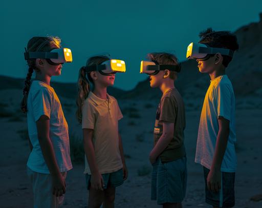 portrait of kids two boys and three girls with a virtual reality headset standing and talking with each other; they are communicatiung in a positive way and also moving quite a bit. in a dark desert landscape, in the style of dark teal and light yellow neon lights, philippe parreno, kodak vision3, industrial and technological subjects, low key dark lighting dark gray and amber, ue5, functional, symbol --ar 128:101 --v 6.0