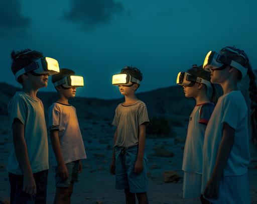 portrait of kids two boys and three girls with a virtual reality headset standing and talking with each other; they are communicatiung in a positive way and also moving quite a bit. in a dark desert landscape, in the style of dark teal and light yellow neon lights, philippe parreno, kodak vision3, industrial and technological subjects, low key dark lighting dark gray and amber, ue5, functional, symbol --ar 128:101 --v 6.0