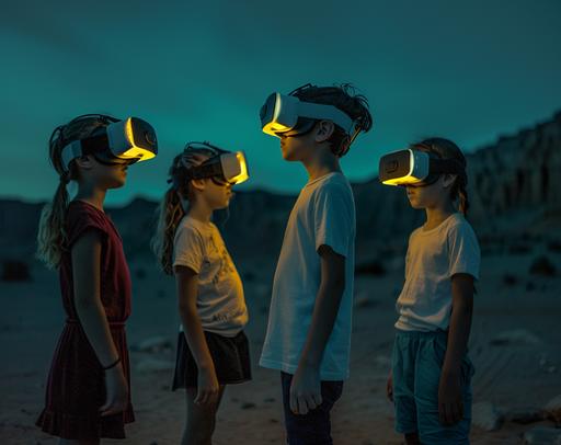 portrait of kids two boys and three girls with a virtual reality headset standing and talking with each other; they are communicatiung in a positive way and also moving quite a bit. in a dark desert landscape, in the style of dark teal and light yellow neon lights, philippe parreno, kodak vision3, industrial and technological subjects, low key dark lighting dark gray and amber, ue5, functional, symbol --ar 128:101 --v 6.0