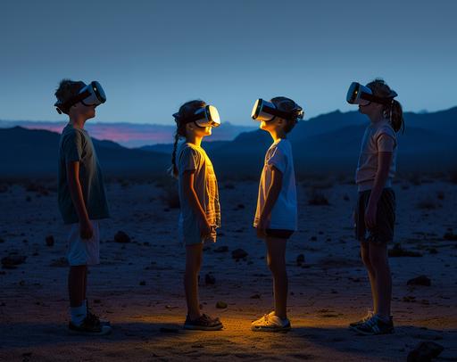 portrait of kids two boys and three girls with a virtual reality headset standing and talking with each other; they are communicatiung in a positive way and also moving quite a bit. in a dark desert landscape, in the style of dark teal and light yellow neon lights, philippe parreno, kodak vision3, industrial and technological subjects, low key dark lighting dark gray and amber, ue5, functional, symbol --ar 128:101 --v 6.0