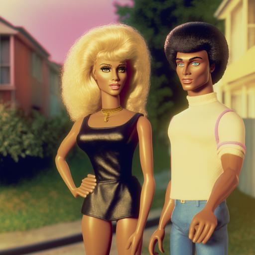 portrait of plastic black Barbie and Ken dolls standing together side-by-side on a suburban street, photorealistic, hyperrealistic, intricate details, 3D, rule of thirds, film grain, happy, shiny plastic, golden hour lighting, circa 1975, in the style of Cindy Sherman --v 4