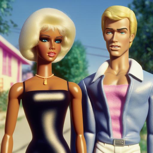 portrait of plastic black Barbie and Ken dolls standing together side-by-side on a suburban street, photorealistic, hyperrealistic, intricate details, 3D, rule of thirds, film grain, happy, shiny plastic, golden hour lighting, circa 1975, in the style of Cindy Sherman --v 4