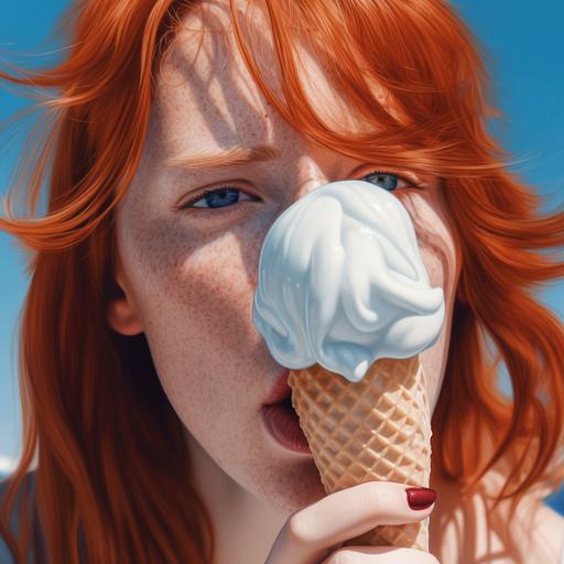 hyper-realistic portrait of red hair, blue eyes, slurping on ginormous melting vanilla ice-cream cone, hot summer day, dripping, closeup, --v 5