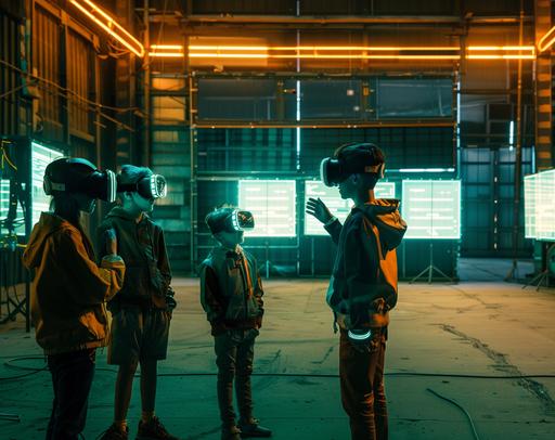 portrait of two boys and three girls with a virtual reality headset standing and talking with each other; they are communicatiung in a positive way and also moving quite a bit. in big empty factory, in the style of dark teal and light yellow neon lights, philippe parreno, kodak vision3, industrial and technological subjects, low key dark lighting dark gray and amber, ue5, functional, symbol --ar 128:101 --v 6.0