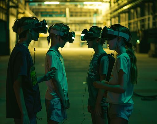 portrait of two boys and three girls with a virtual reality headset standing and talking with each other; they are communicatiung in a positive way and also moving quite a bit. in big empty factory, in the style of dark teal and light yellow neon lights, philippe parreno, kodak vision3, industrial and technological subjects, low key dark lighting dark gray and amber, ue5, functional, symbol --ar 128:101 --v 6.0