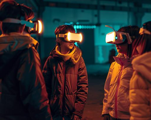 portrait of two boys and three girls with a virtual reality headset standing and talking with each other; they are communicatiung in a positive way and also moving quite a bit. in big empty factory, in the style of dark teal and light yellow neon lights, philippe parreno, kodak vision3, industrial and technological subjects, low key dark lighting dark gray and amber, ue5, functional, symbol --ar 128:101 --v 6.0