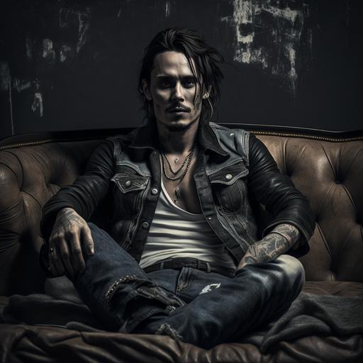 portrait of young Johnny Depp with medium length messy black hair white wife-beater ripped jeans sitting on a leather couch shot with fujifilm pro 400h, cgi, 8k, cinematic lighting, dark colors, dramatic pose