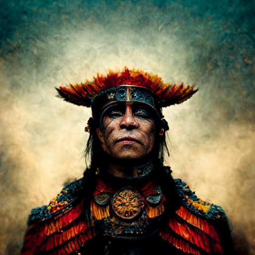 portrait photo of a Aztec warrior chief, side profile, looking down, ready to fight, realistic, serious eyes, 50mm portrai