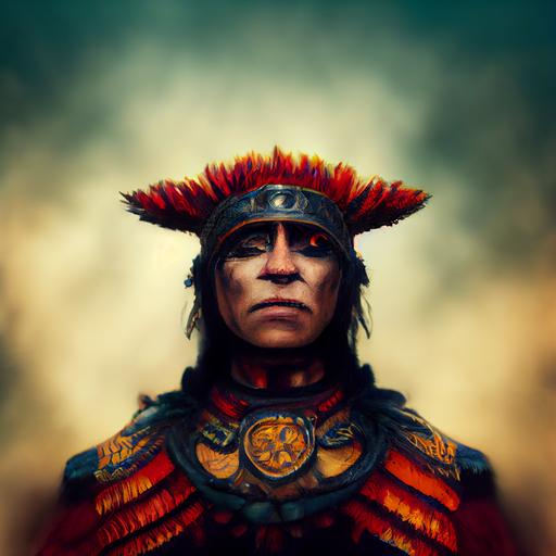portrait photo of a Aztec warrior chief, side profile, looking down, ready to fight, realistic, serious eyes, 50mm portrai --upbeta