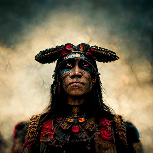 portrait photo of a Aztec warrior chief, side profile, looking down, ready to fight, realistic, serious eyes, 50mm portrai