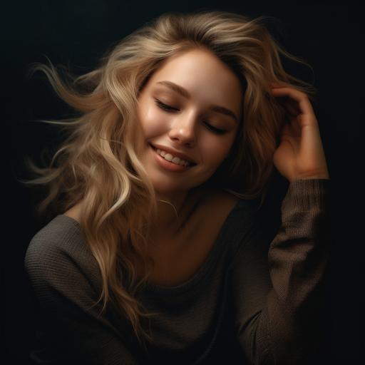 portrait photo of a beautiful shy girl with dirty blonde hair and a monalisa smile. She is looking down while tucking her hair behind her ears