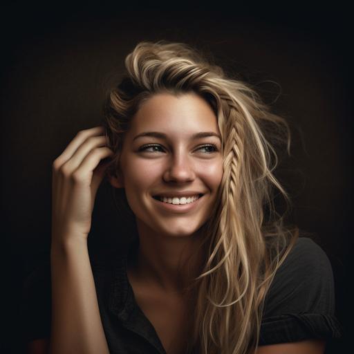 portrait photo of a beautiful shy girl with dirty blonde hair and a monalisa smile. She is looking down while tucking her hair behind her ears