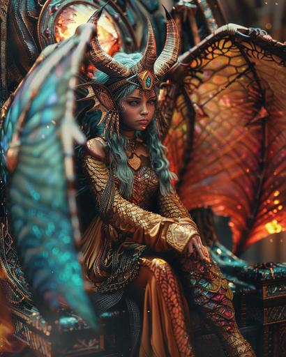 portrait photograph of a hybrid blue dragon-phoenix girl wearing a royal robe sitting on an oversized iridescent obsidian throne in a throne room, shallow dept of field, vivid colors, vibrant, complementary colors, ultra-details, --s 150 --c 8 --ar 4:5 --v 6.0