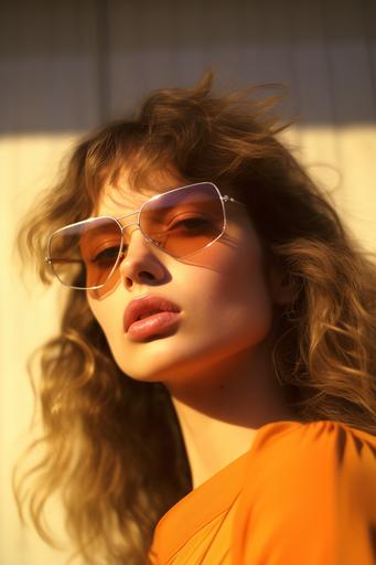 , portrait photograph of a woman wearing a vintage sunglasses, 70s photography, PetraCollins, kodak gold, portra400, Reproduces realistic skin texture, gorgeous woman, Leica m11, portra film, perfect lighting, high resolution, ultra detailed --ar 2:3