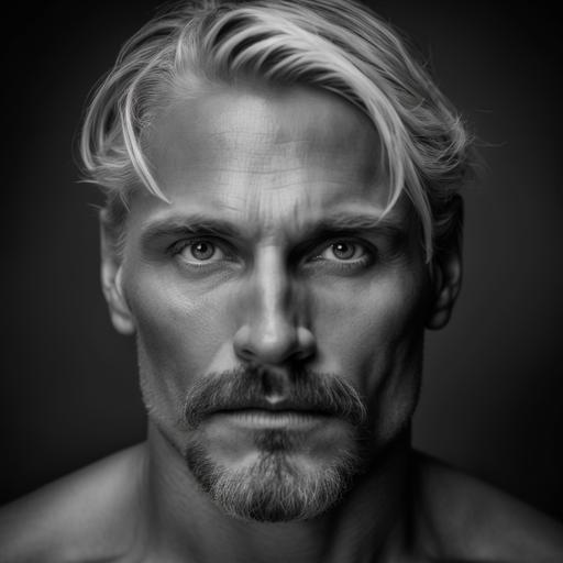 portrait photography black and white. Blond Spanish smooth lips 40 years old man. No wrinkles
