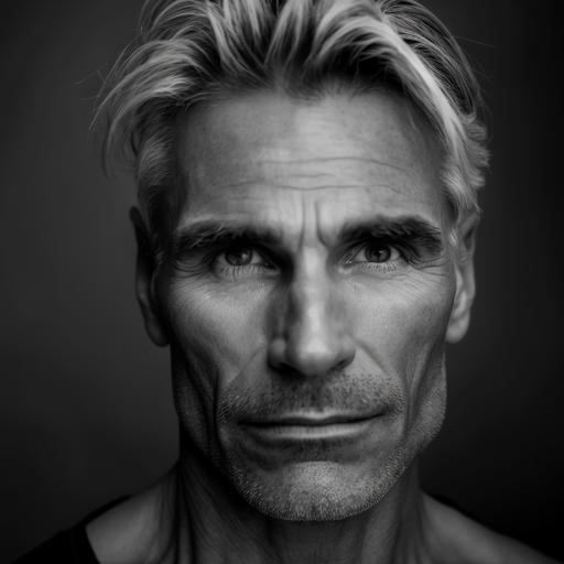 portrait photography black and white. Blond Spanish smooth lips 40 years old man. No wrinkles