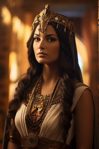 portrait photography, photo of an Egyptian Queen, inside an elegant Egyptian hall, very detailed, hyper realistic photography, --ar 2:3