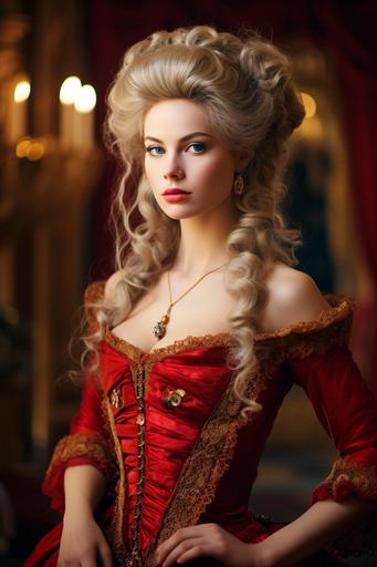 portrait photography, realistic photo of Marie Antoinette in a red and gold gown, standing in an opulent palace, professional portrait photography, --v 5.2 --ar 2:3