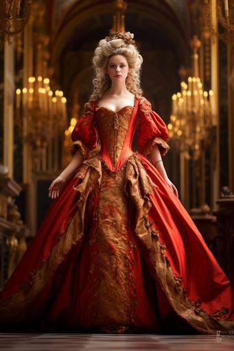 portrait photography, realistic photo of Marie Antoinette in a red and gold gown, standing in an opulent palace, professional portrait photography, --v 5.2 --ar 2:3