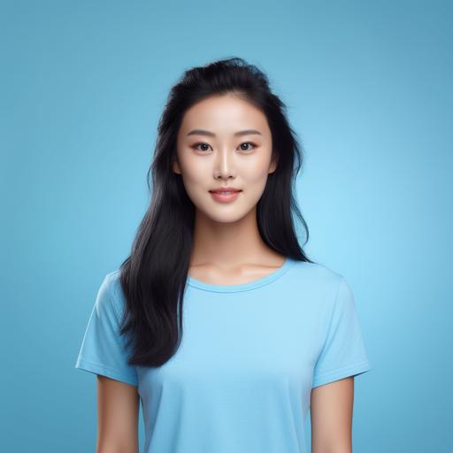 portrait photoshoot of a young good looking chinese woman, wearing a baby blue t-shirt, light blue background, 8K