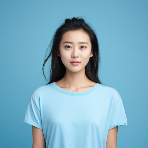 portrait photoshoot of a young good looking chinese woman, wearing a baby blue t-shirt, light blue background, 8K