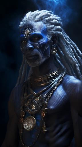 portrait, realistic, detailed, african jinn elder warrior, indigo wings, indigo flames halo, silver dust, ethereal light, indigo and silver jewelry, royal, regal, african features, cinematic lighting, 8k, dark skin --ar 9:16 --s 50