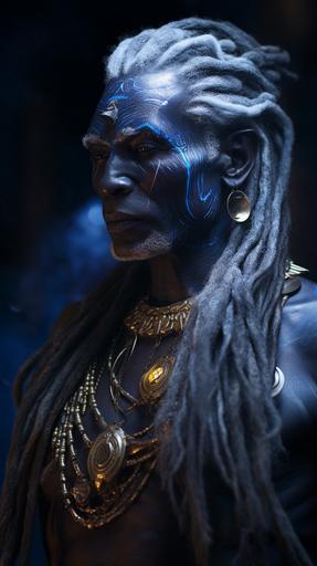 portrait, realistic, detailed, african jinn elder warrior, indigo wings, indigo flames halo, silver dust, ethereal light, indigo and silver jewelry, royal, regal, african features, cinematic lighting, 8k, dark skin --ar 9:16 --s 50