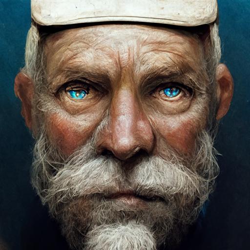 portrait, the man who sold the world, sea captain, piercing blue eyes, trust, agreement, realistic, clear eyes, hetrochromatic, grandfather, small clay pipe