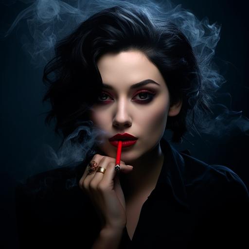 portrait ultra realistic photo of woman watching in the camera and smoking, dark background, red eyes, smoky makeup