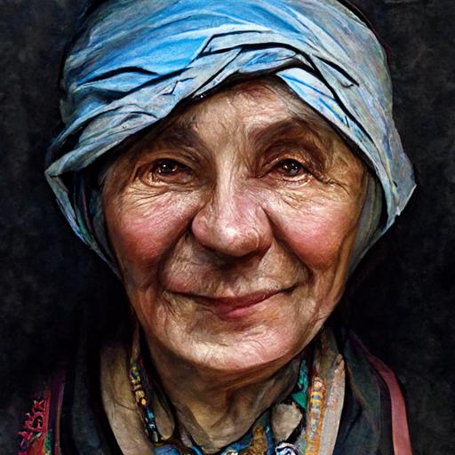 portrait, very old Czech village grandmother, headscarf tied under chin, wrinkles, realistic, hyperrealistic, photographic, real, dull colors--ar 2:3