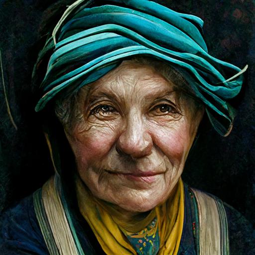 portrait, very old Czech village grandmother, headscarf tied under chin, wrinkles, realistic, hyperrealistic, photographic, real, dull colors--ar 2:3