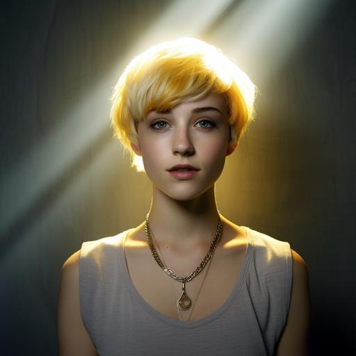 portrait, white girl with short hair, yellow halo around neck like necklace, 50mm, radiant light, concrete backdrop