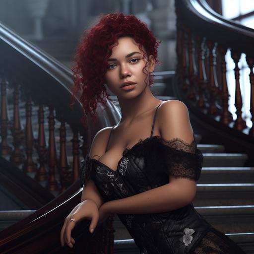 portrait young black fantasy girl with burgundy hair in a gothic victorian black corset dress on a marble staircase, unreal engine, octane render, beautiful character, hyperrealism, ultra realistic, super-resolution,8k, octane render, high-resolution, photography, Ultra-HD, Rembrandt lighting, Rim Lighting, Cinematic Lighting, Volumetric Lighting, Beautiful Lighting, insanely detailed and intricate, hypermaximalist, hyper-realistic, super detailed