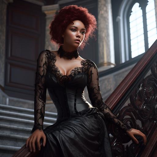 portrait young black fantasy girl with burgundy hair in a gothic victorian black corset dress on a marble staircase, unreal engine, octane render, beautiful character, hyperrealism, ultra realistic, super-resolution,8k, octane render, high-resolution, photography, Ultra-HD, Rembrandt lighting, Rim Lighting, Cinematic Lighting, Volumetric Lighting, Beautiful Lighting, insanely detailed and intricate, hypermaximalist, hyper-realistic, super detailed