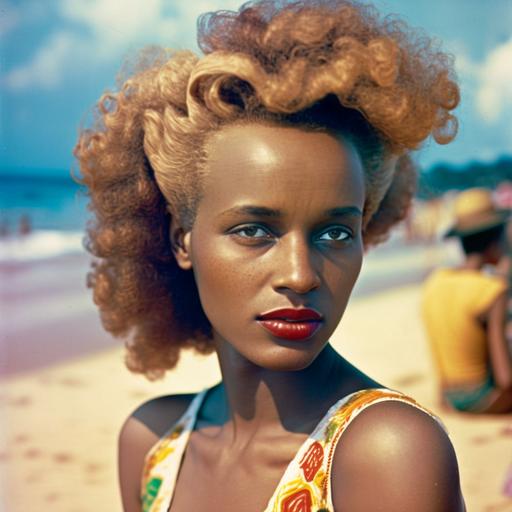 portraits of beautiful model like women with glossy skin and big hair in Haiti 1955 beach side and in technicolor dreams