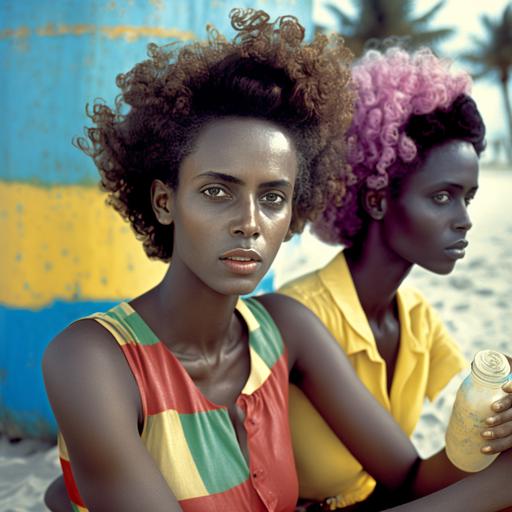 portraits of beautiful model like women with glossy skin and big hair in Haiti 1955 beach side and in technicolor dreams