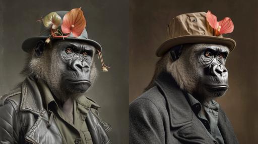 portraits of old gorillas wearing funny nepenthes hats, bicolor portraits, depth of field, clean grey background, one spot lighting, studio photography by Annie Leibovitz with a Hasselblad 907X xCD 3, 5/ 30, agfa apx 400, :wundervoll-ai:0, --ar 16:9 --v 6.0