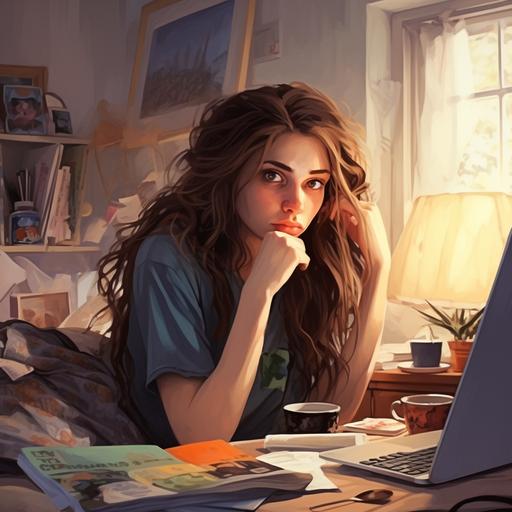 portret, girl, gen z, at home, looking for a dream apartment on a computer, messy hair, tired and unsatisfied , cartoon