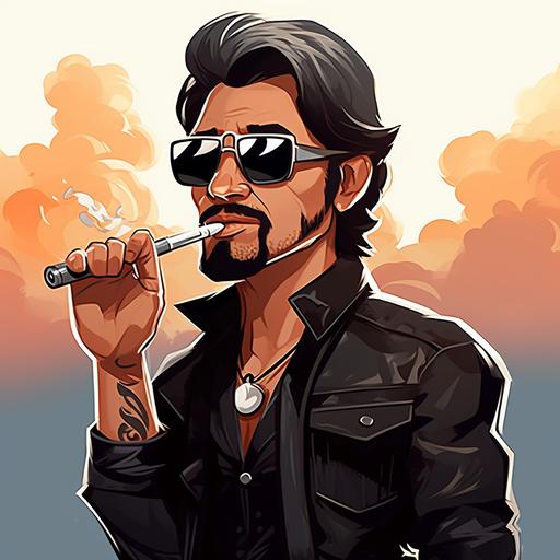 poses and expressions,Holding or smoking an ELECTRONIC CIGARETTE in the hand,men who A fusion of rock and cowboy-style electronic cigarette,Goatee, sunglasses, cartoon, cool, comedy,upper half of body