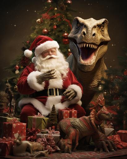 christmas vintage poster with dinosaur looking like santa claus lying under the christmas tree, --ar 4:5 --v 5.2