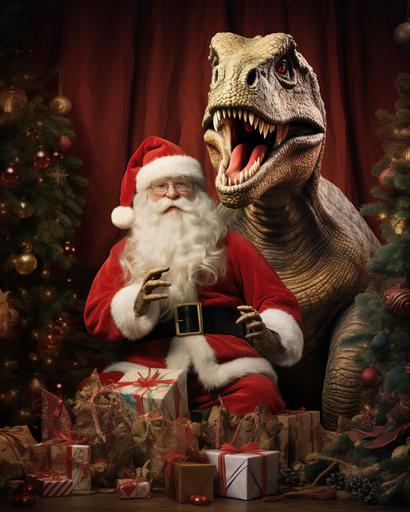 christmas vintage poster with dinosaur looking like santa claus lying under the christmas tree, --ar 4:5 --v 5.2