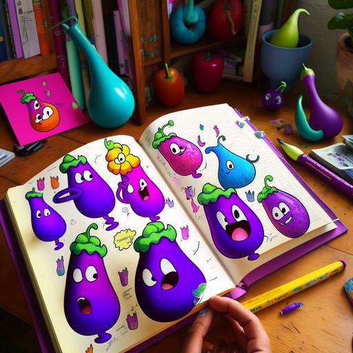 Doodles of cartoon eggplants on marginalia , Lisa frank --v 4