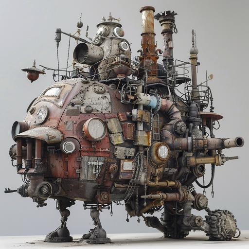 post-apocalypse Howl's moving Castle, tron gadgetpunk, scrap metal, recycled materials, designed by tom sachs --v 6.0