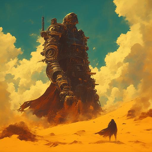 post apocalypse desert epic landscape with high technologies rusted part, old osiris rock statue rising from the sand, dust tempest, dangerous skeleton and momies --niji 6