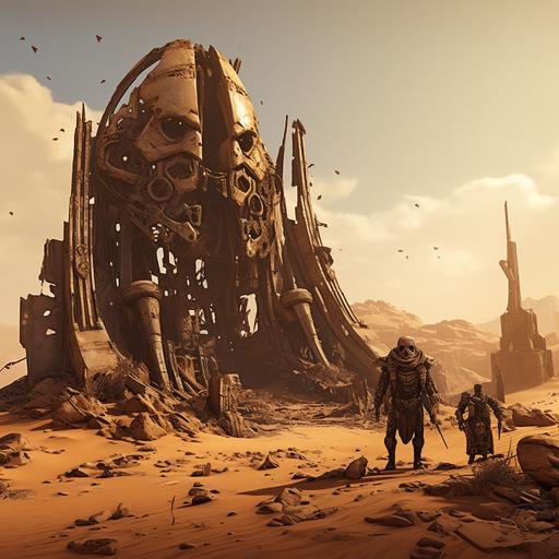 post apocalypse desert epic landscape with high technologies rusted part, old osiris rock statue rising from the sand, dust and stones, dangerous skeleton and momies guarding the ruins, in the style of bad north the game