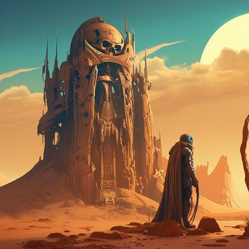 post apocalypse desert epic landscape with high technologies rusted part, old osiris rock statue rising from the sand, dust and stones, dangerous skeleton and momies guarding the ruins, in the style of bad north the game