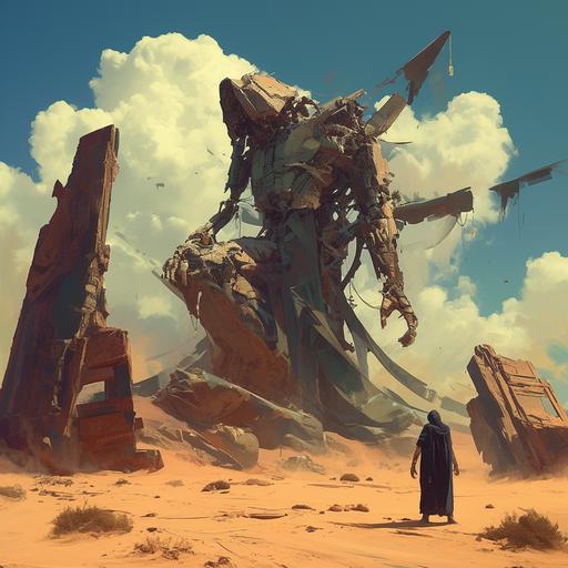 post apocalypse desert epic landscape with high technologies rusted part, old osiris rock statue rising from the sand, dust tempest, dangerous skeleton and momies --niji 6