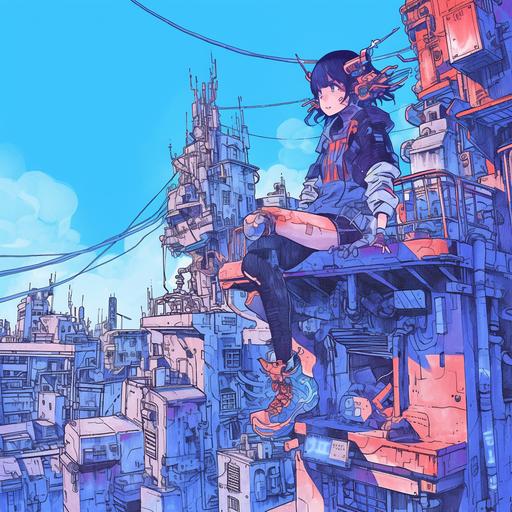 post-apocalyptic city-scape, cyberpunk, colourful, manga style, ballpoint pen outlines and shading, --niji 6