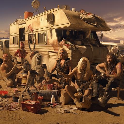 post apocalyptic crazy bachelor party caravan to Las Vegas, desert wasteland, guns, booze, mean dogs, poker chips, money --v 5.1